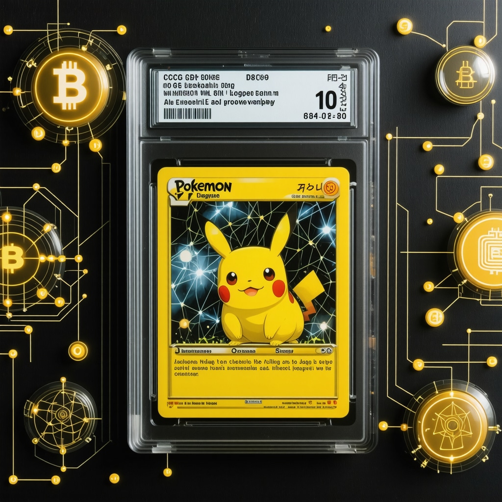 Visualization of AI and blockchain technology enhancing authentication of CGC 10 Japanese vintage Pokémon cards