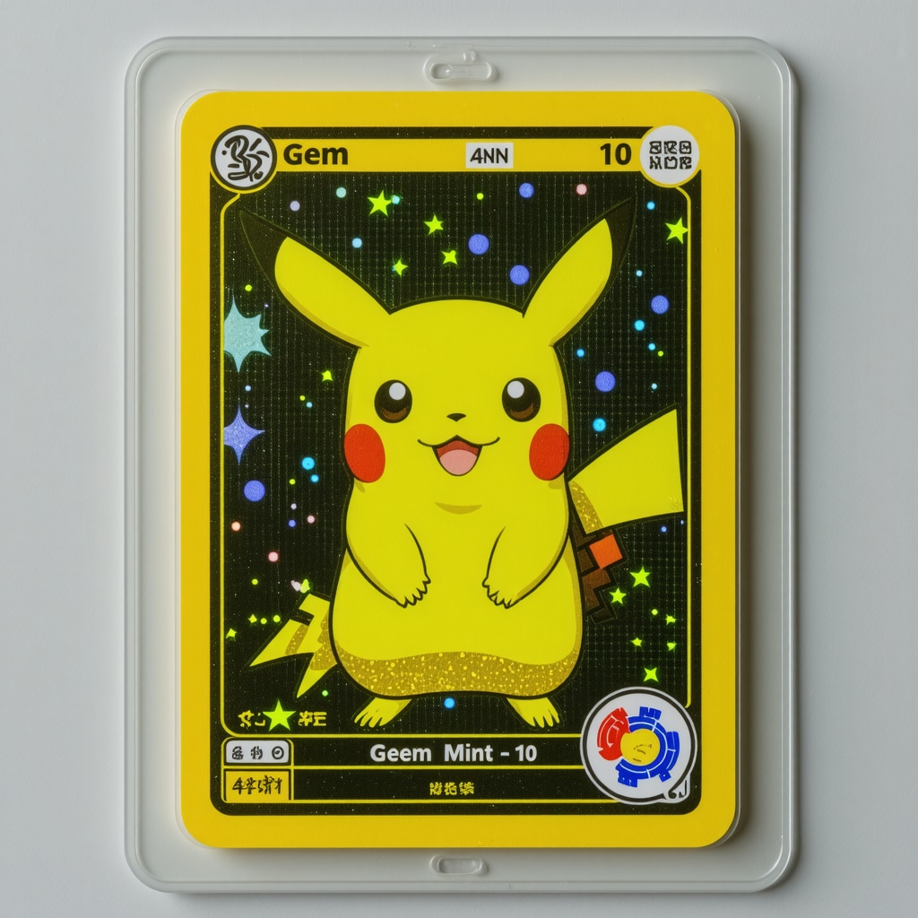 Close-up image showing microscopic and UV light analysis of CGC Gem Mint 10 Japanese Pokémon card with blockchain verification graphics