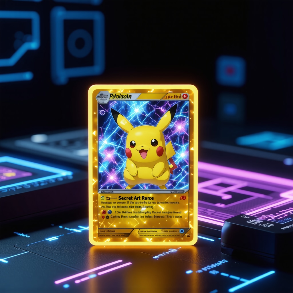 Holographic Japanese Pokémon SAR card with ultraviolet light and digital blockchain and AI interface overlays indicating advanced authentication