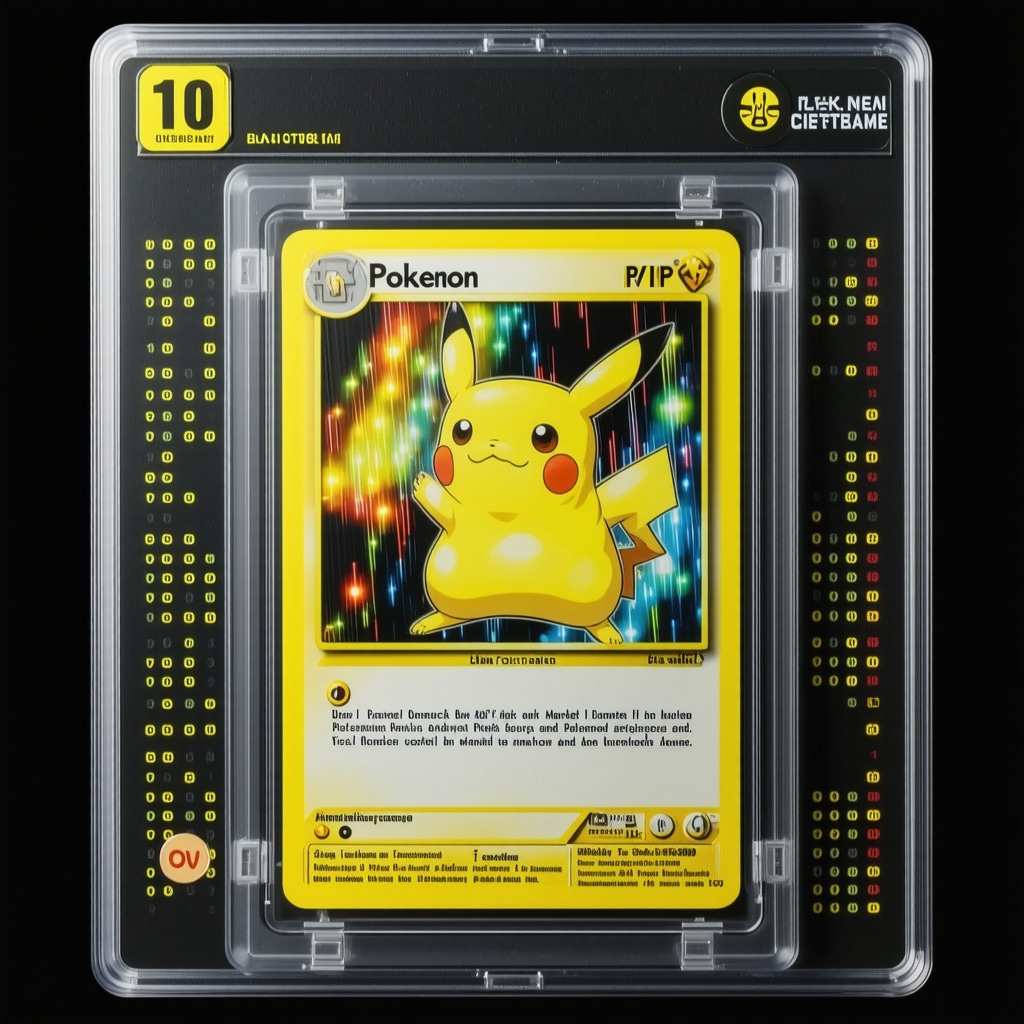CGC 10 Japanese vintage Pokémon card with blockchain and AI data visualization