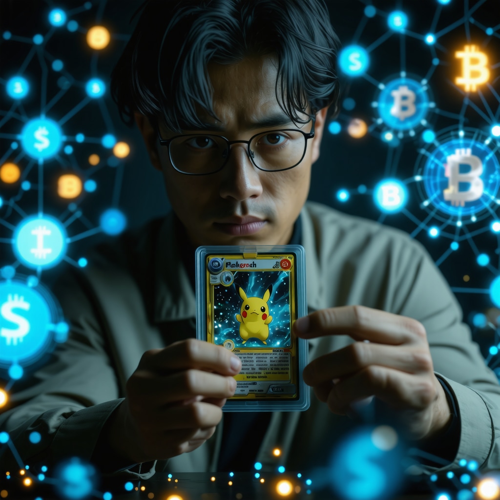 Collector using UV and microscopic tools to authenticate a CGC Gem Mint 10 Japanese Pokémon card with blockchain visuals in the background