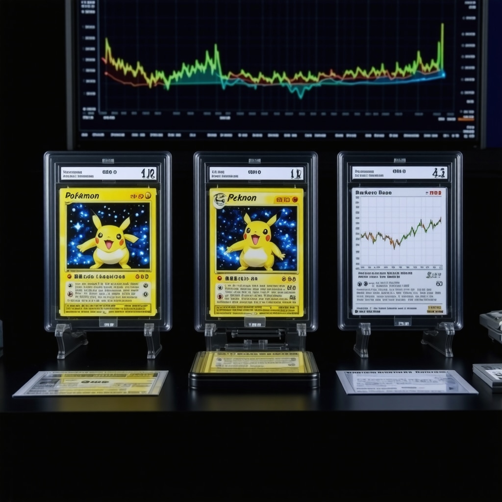 Collector examining CGC 10 Japanese Base Set card with digital blockchain and market graphs overlay