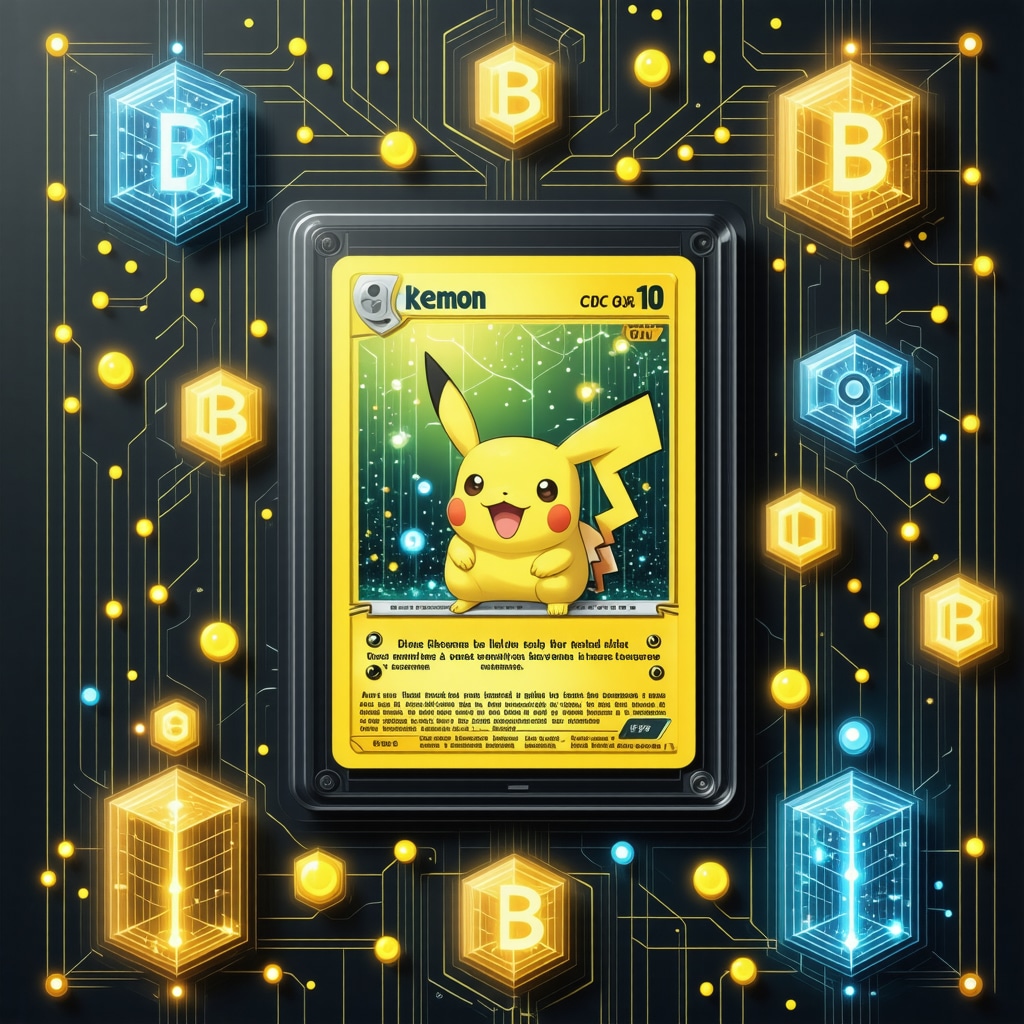Digital artwork depicting CGC 10 Japanese vintage Pokémon card with blockchain, AI, and preservation technology icons