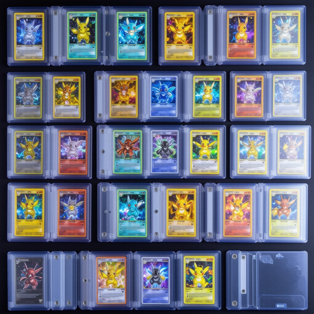 Collector using UV light and magnifying tools to authenticate and preserve CGC Gem Mint 10 Japanese SAR Pokémon cards in a climate-controlled display case