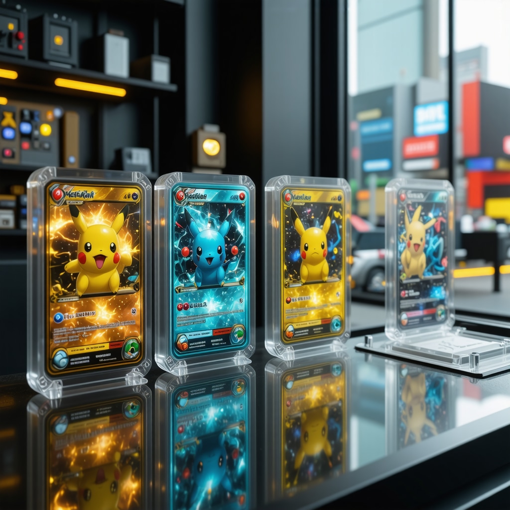 Japanese Pokémon cards encapsulated with digital blockchain and AI authentication overlays