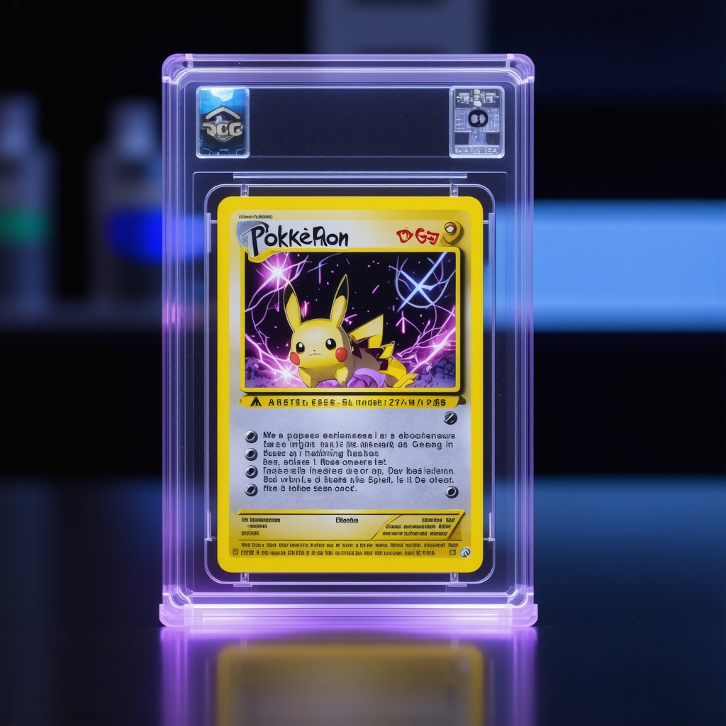 Close-up of a CGC 10 Japanese Base Set Pokémon card under UV light with AI digital analysis overlay