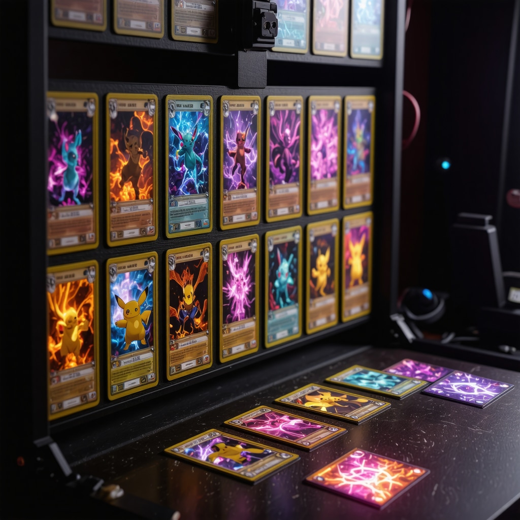 Multispectral imaging equipment analyzing CGC 10 Japanese Base Set Pokémon cards with blockchain data overlay