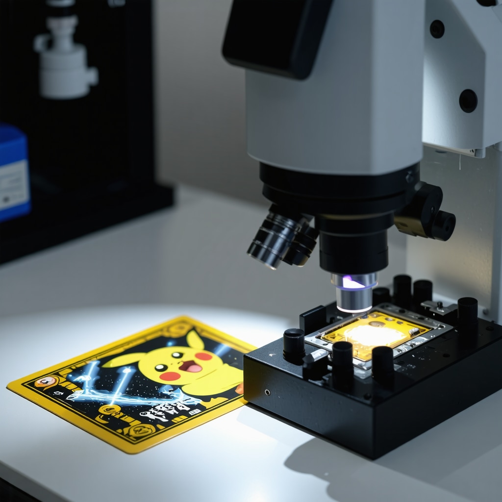 Laboratory equipment analyzing a CGC 10 Japanese Pokémon card with UV light and microscope
