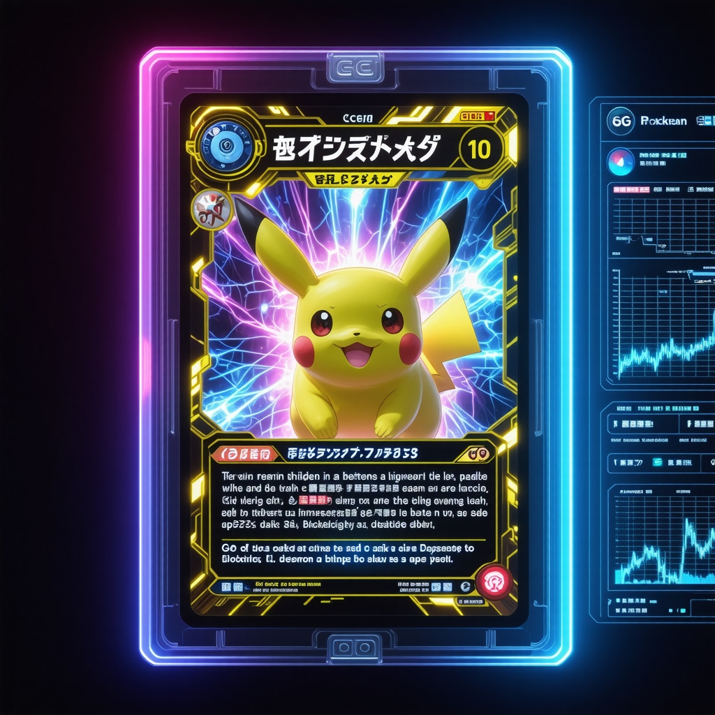 CGC 10 Japanese Pokémon promo card under UV light with blockchain data and AI analytics visualization