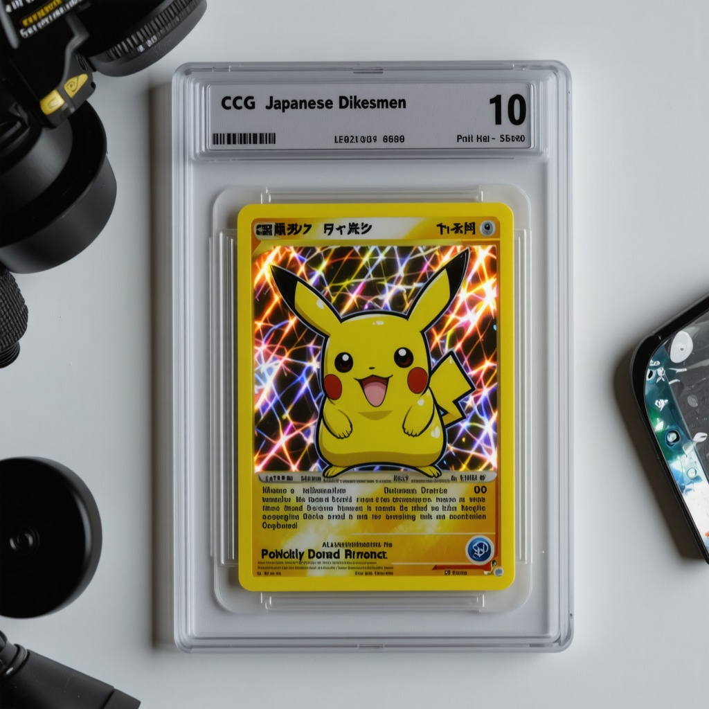 Close-up of CGC 10 Japanese promo Pokémon card under UV light with authentication tools