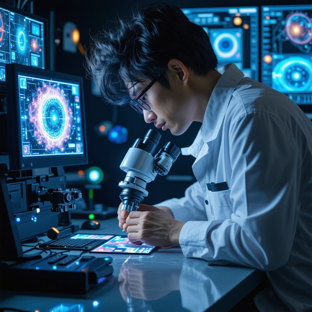 Collector authenticating CGC Gem Mint 10 Japanese Trainer SR card using digital microscope and blockchain technology