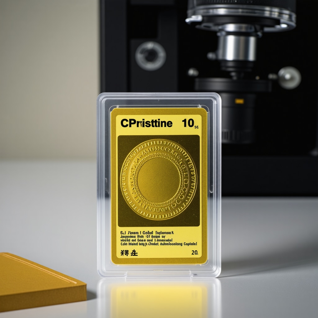 CGC Pristine 10 Japanese Gold card under UV light for authentication with spectroscopic equipment and archival storage materials
