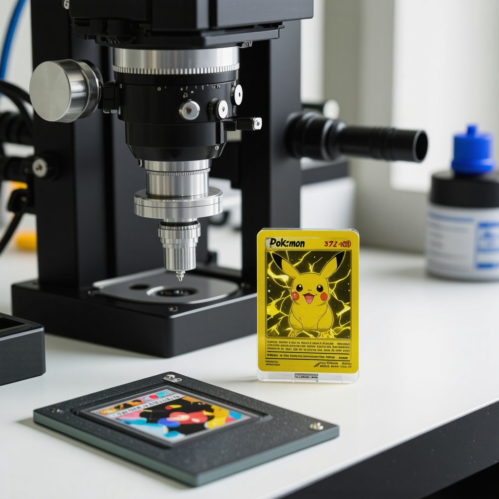 Close-up of CGC Pristine 10 Japanese Gold Pokémon card being examined with spectroscopy and ultrasonic analysis equipment in a modern lab