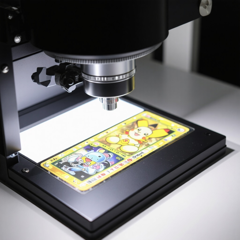 Magnifying tools and lightbox inspecting a pristine Japanese CGC Gem Mint 10 Pokémon card