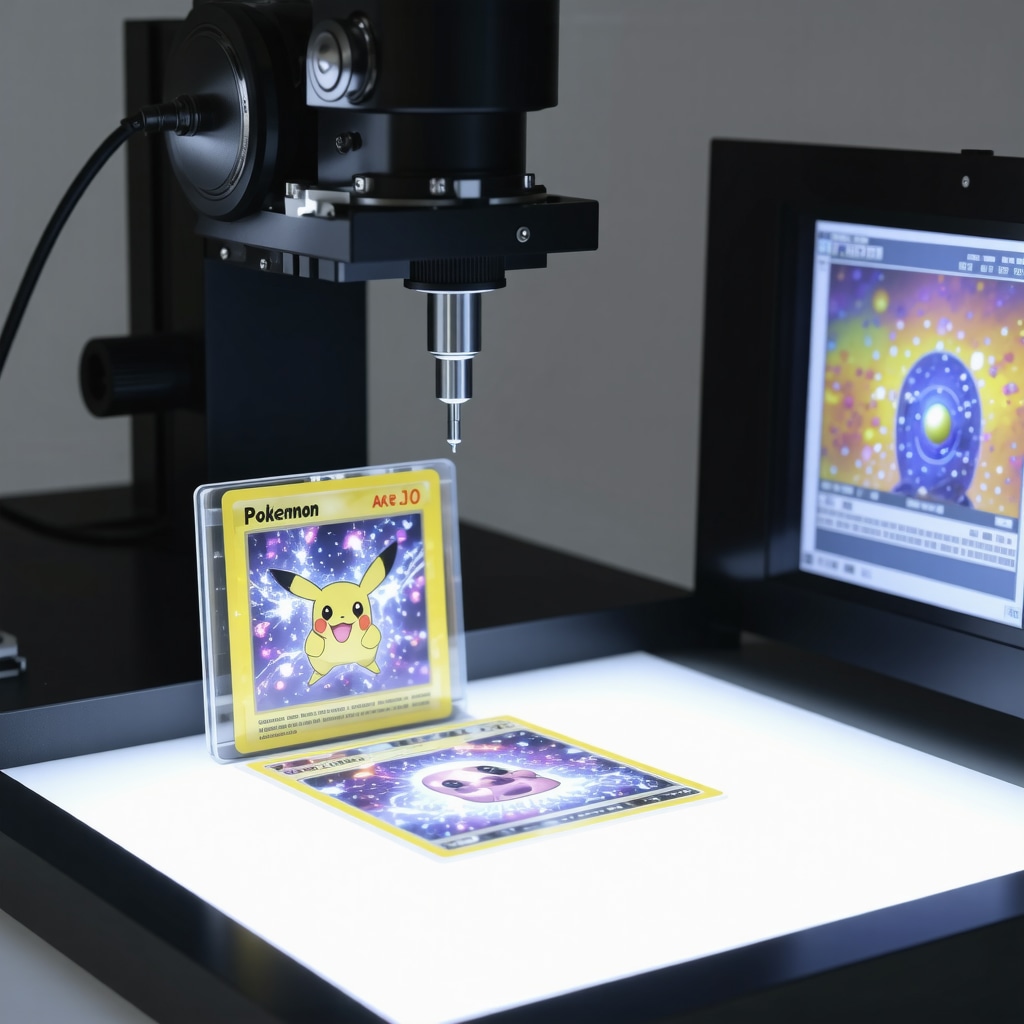 High-tech lab equipment analyzing Japanese Pokémon card under multispectral light