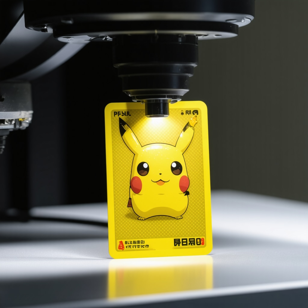 Digital microscope view of Japanese Pokémon card showing micro print defects and environmental control devices