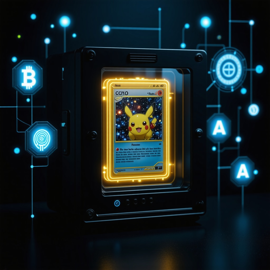 CGC 10 Japanese Pokémon card inside a high-tech preservation chamber with digital blockchain and AI authentication icons