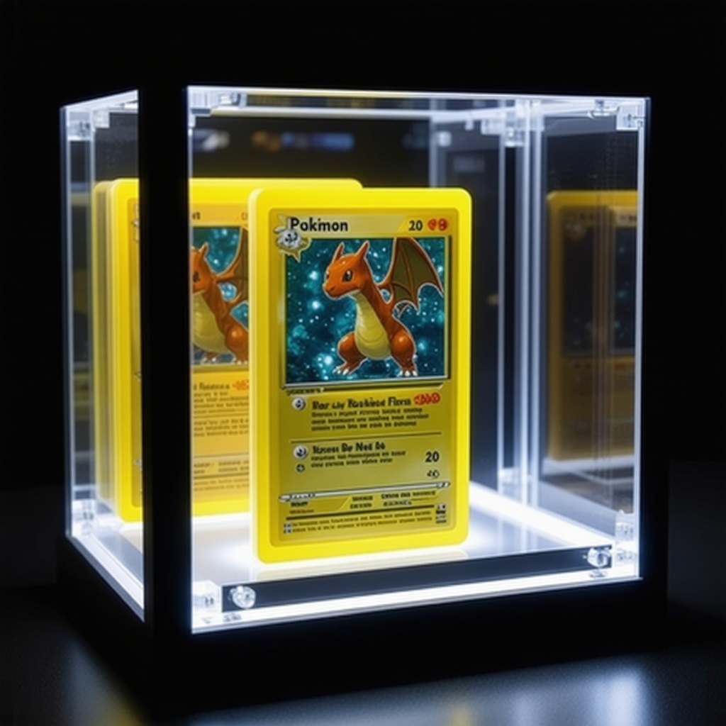 A CGC 10 Japanese Pokémon Charizard card inside a nitrogen-flushed display case with humidity sensors and UV-filtered LED lighting