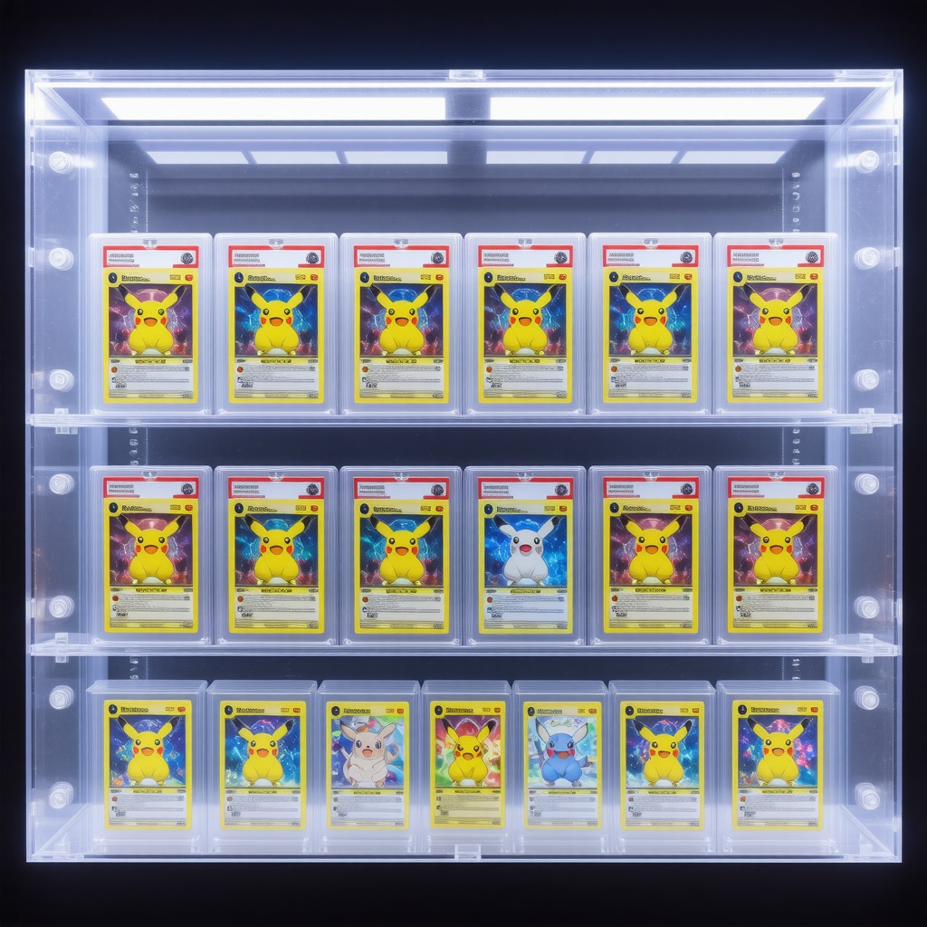 High-tech display case with CGC 10 graded Japanese vintage Pokémon holo rare cards under climate-controlled and UV-filtered lighting
