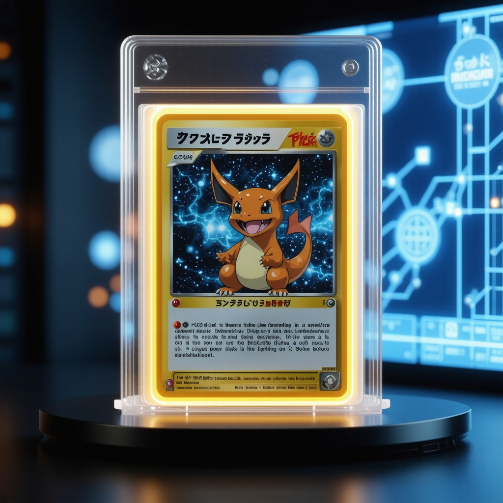 High-tech preservation setup including climate-controlled case and digital blockchain ledger for CGC Pristine 10 Japanese Charizard card