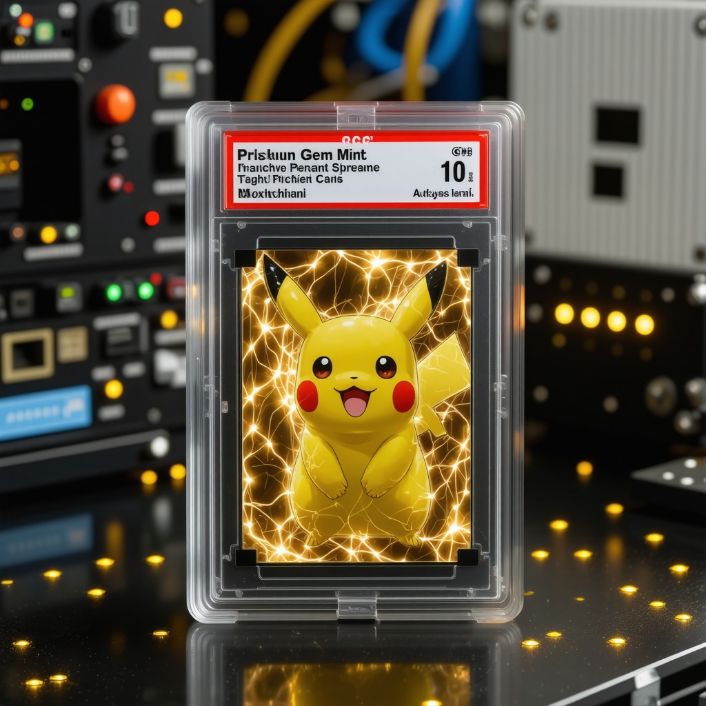 CGC Gem Mint 10 Japanese Pikachu card in high-tech display case with blockchain and preservation visuals