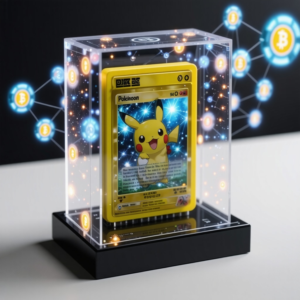 Secure display case with CGC 10 Japanese Base Set Pokémon card and blockchain authentication graphics