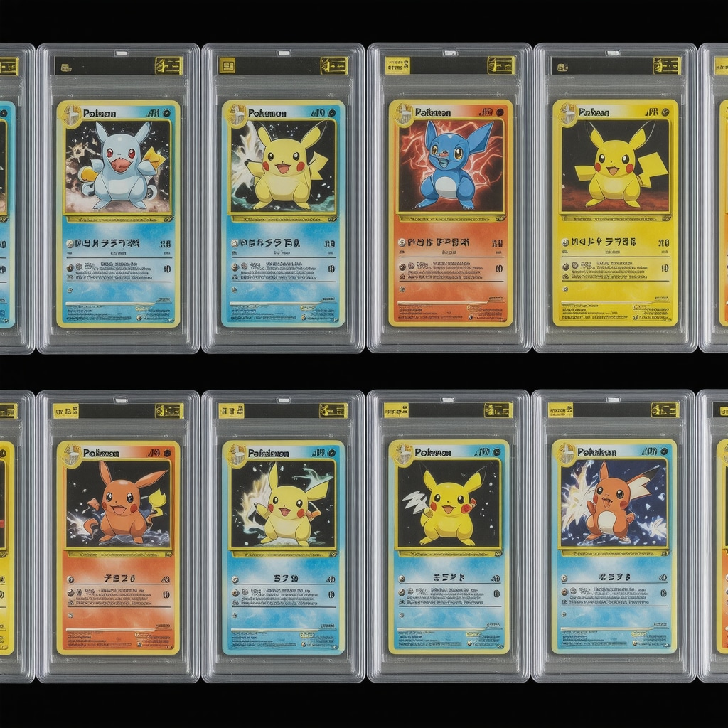 High-end display of CGC 10 Japanese Base Set Pokémon cards with preservation tools and digital market data