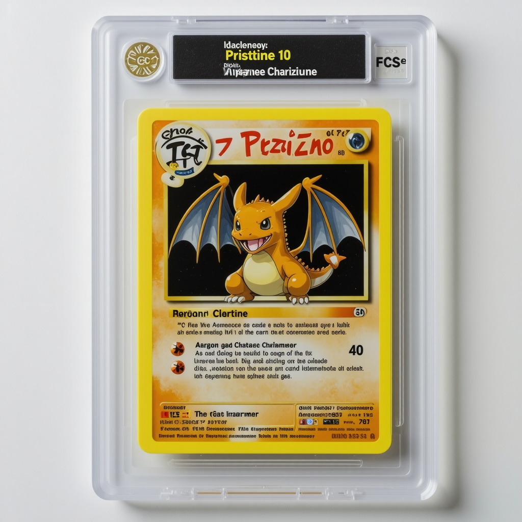 CGC Pristine 10 Japanese Charizard card in a sealed display case with preservation monitoring devices