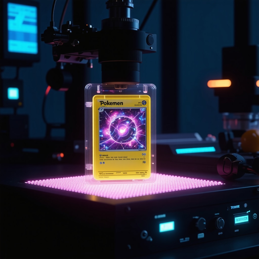CGC Gem Mint 10 Japanese Full Art Trainer SR card undergoing spectral analysis in a high-tech lab environment