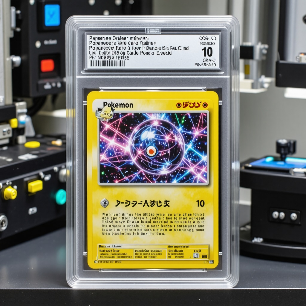 CGC 10 Japanese Pokémon Trainer card being analyzed with spectral imaging technology in a lab