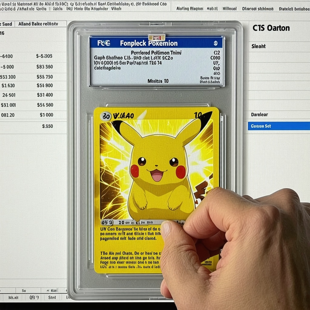 Close-up of CGC 10 graded Japanese Pokémon card with forensic tools and analytics on screen
