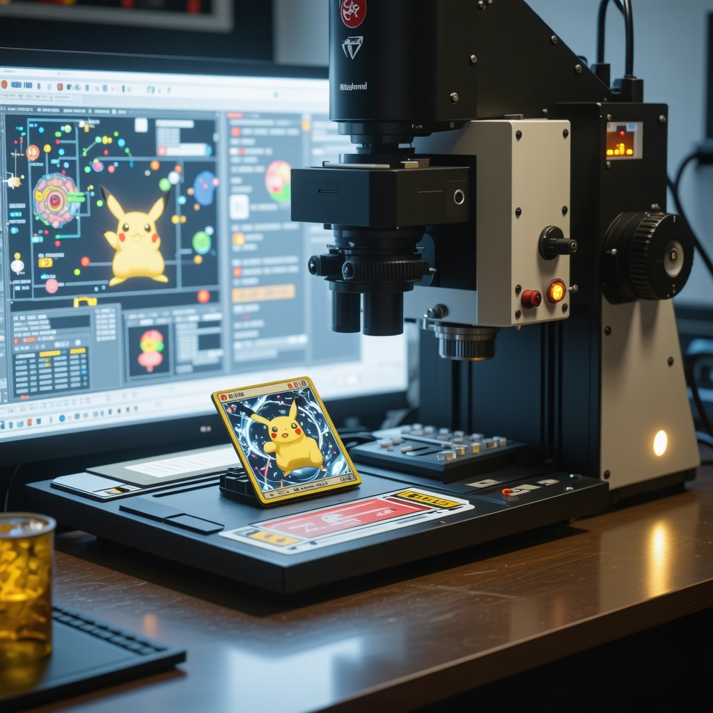 Laboratory spectrometer analyzing a Japanese promo Pokémon card with AI data overlays