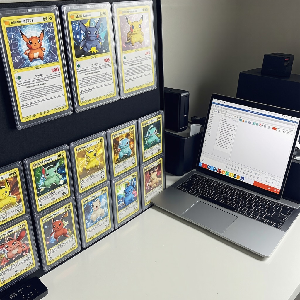Collector's desk with CGC 10 Japanese Base Set cards in protective cases, laptop showing AI market data and blockchain provenance