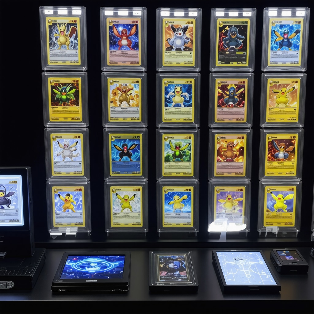 Collector's workspace with CGC 10 Japanese Base Set cards in protective cases, environmental monitors, and blockchain authentication interface