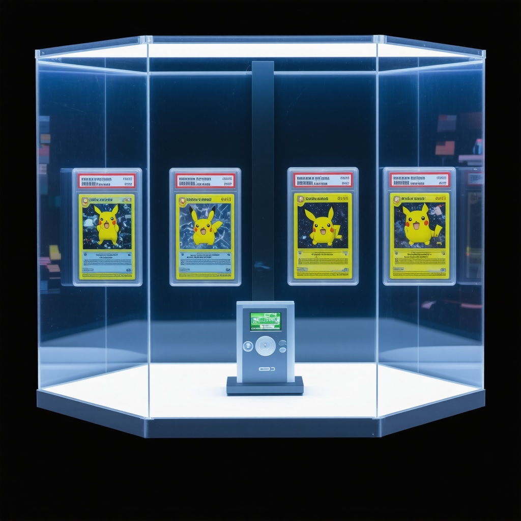 Climate-controlled display case with CGC 10 Japanese 151 Pokémon card and environmental sensors