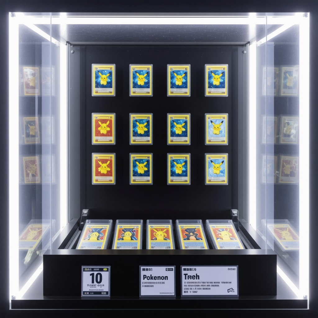 Climate-controlled display cases with CGC Pristine 10 Japanese Pokémon cards and environmental sensors