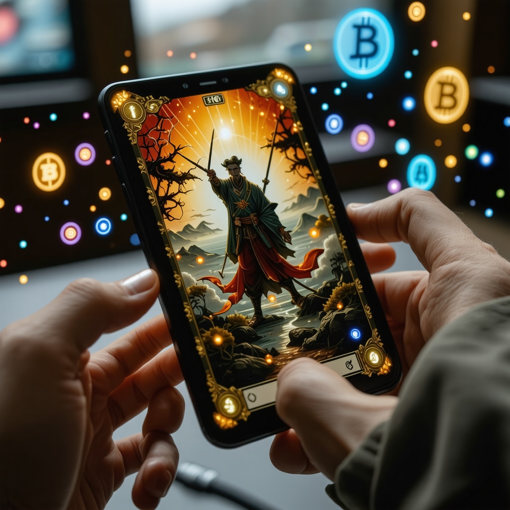 Augmented reality visualization of CGC 10 Japanese vintage card with blockchain authentication icons