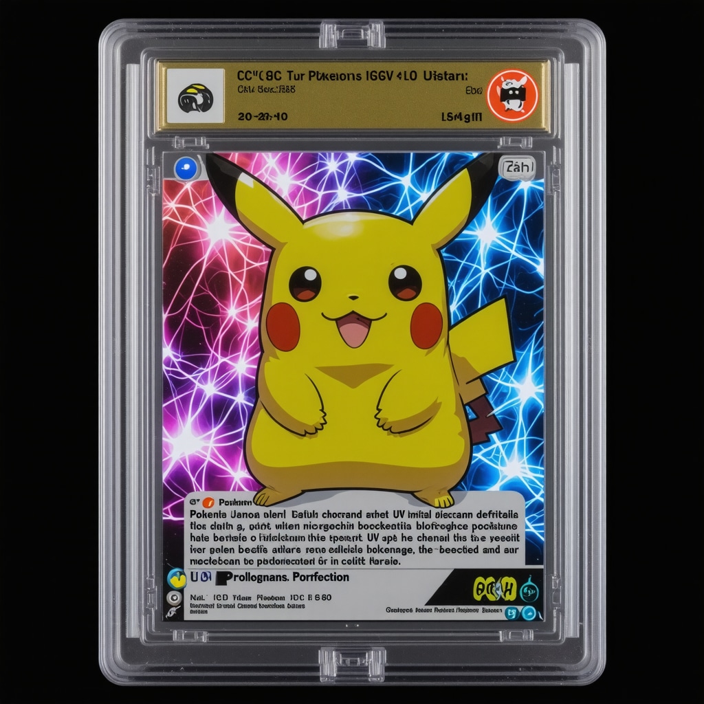 Close-up image of CGC 10 Japanese Pokémon promo card slab highlighting UV hologram and microprint, with blockchain verification icons