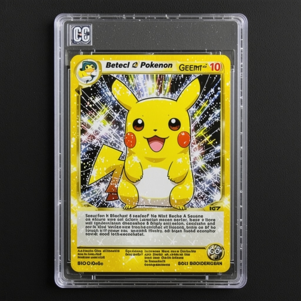 Blockchain ledger overlay on CGC Gem Mint 10 Japanese Pokémon card illustrating provenance and authentication