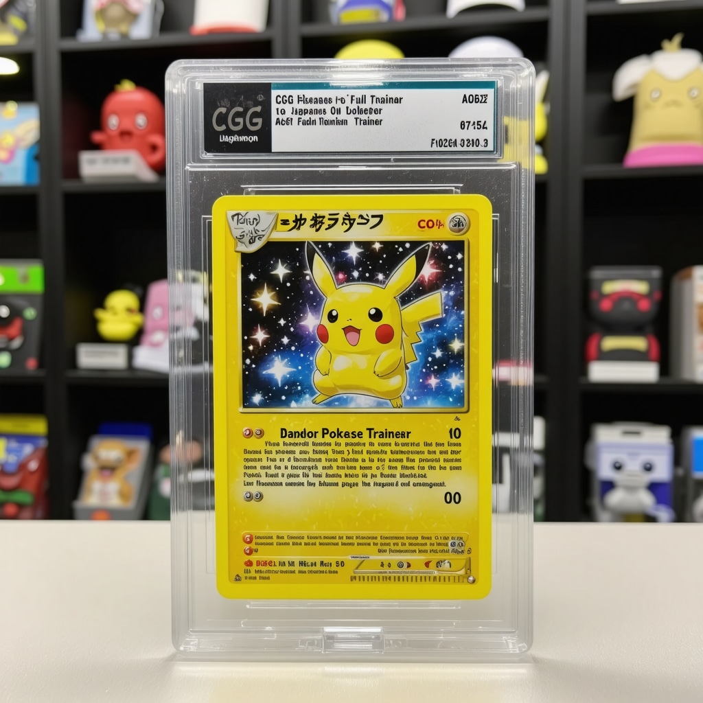 High-resolution close-up of a CGC 10 graded Japanese Full Art Trainer Pokémon card encased in a protective acrylic slab on a collector's display shelf