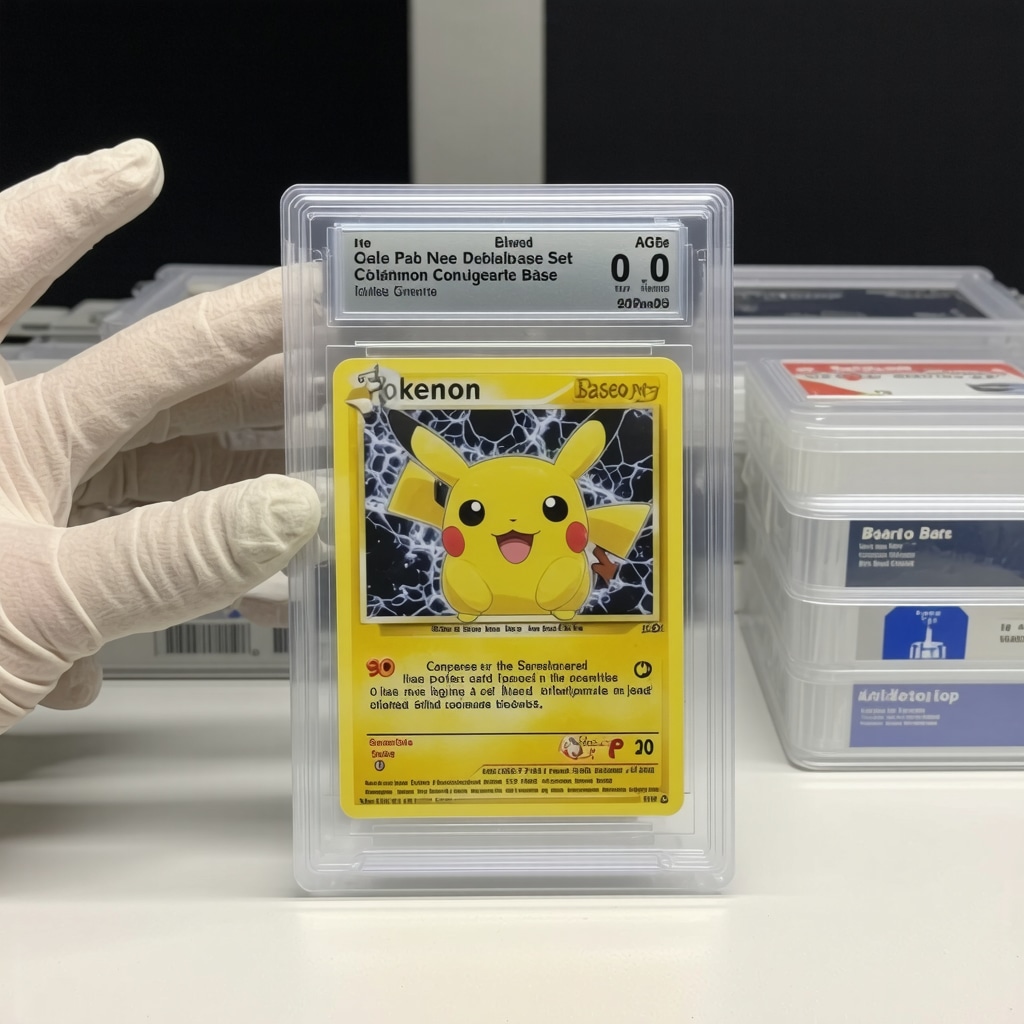 Close-up of CGC 10 graded Japanese Base Set Pokémon card with climate-controlled storage and preservation tools