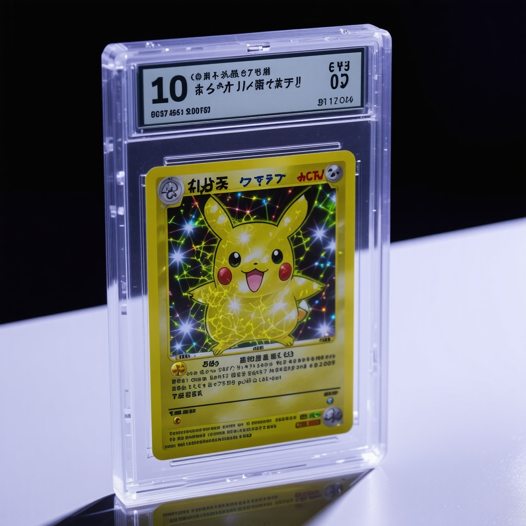 Close-up of CGC 10 graded Japanese Pokémon card under UV light revealing holofoil details for authentication