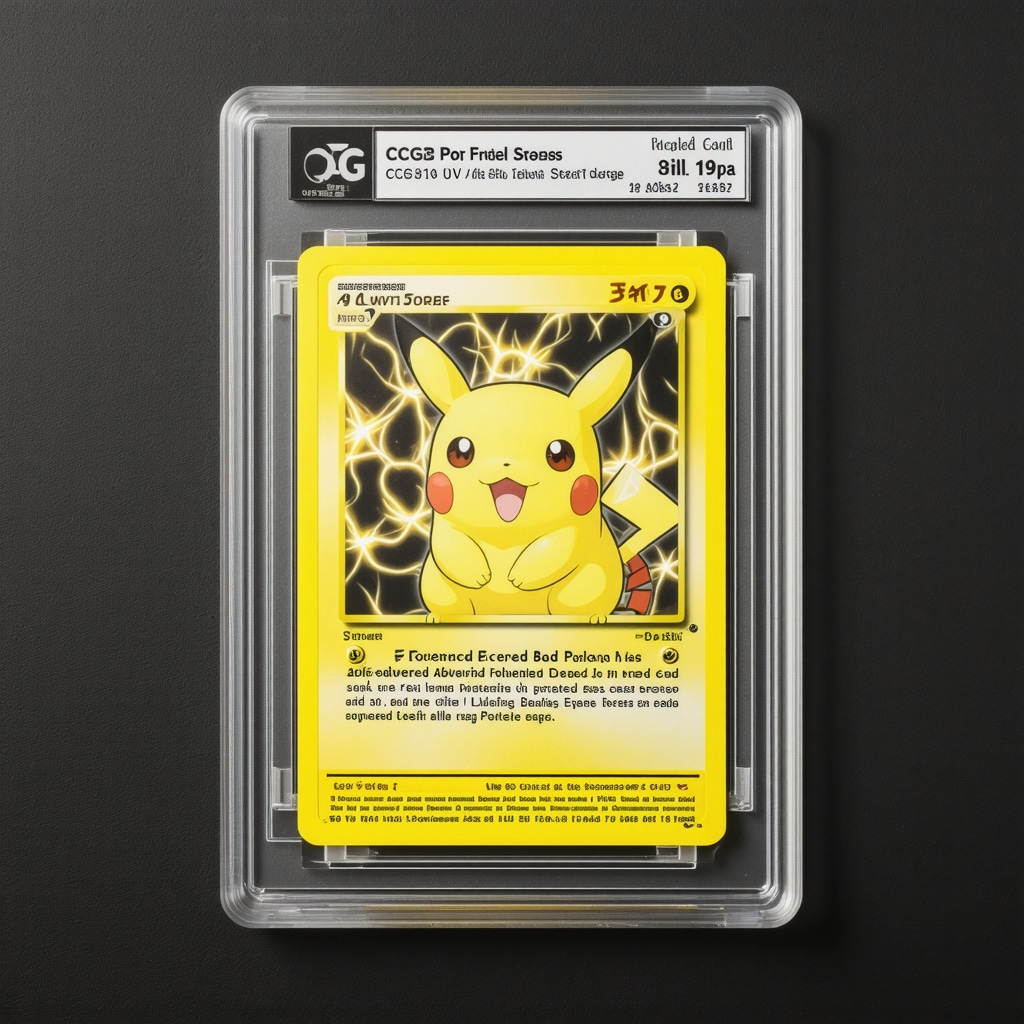 Close-up of a CGC 10 graded Japanese Pokemon card preserved in a UV-filtered inert gas display case showcasing pristine condition