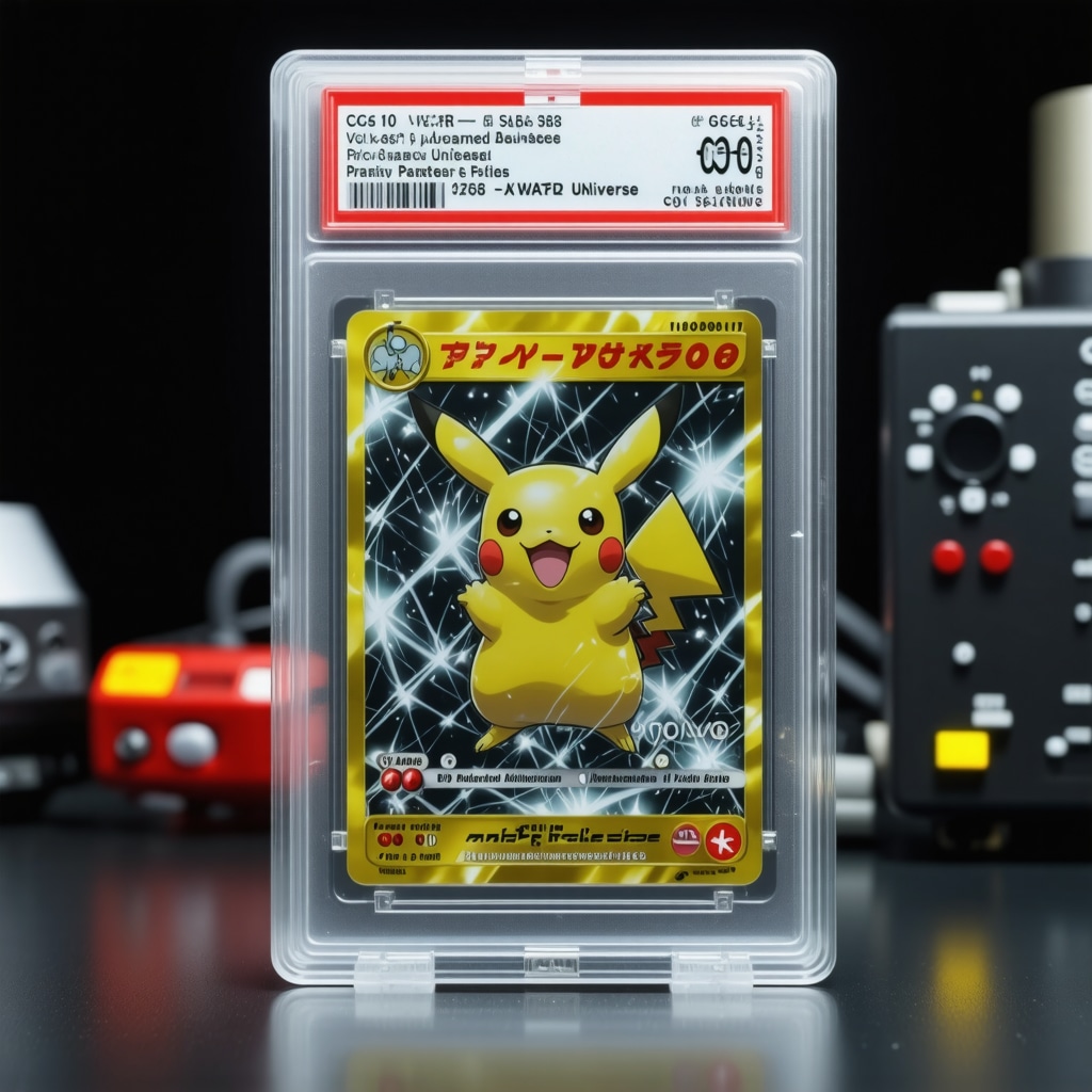 Close-up of a CGC 10 graded Japanese VSTAR Universe Pokémon card showcasing holographic foil and pristine edges in a sealed display case with imaging tools