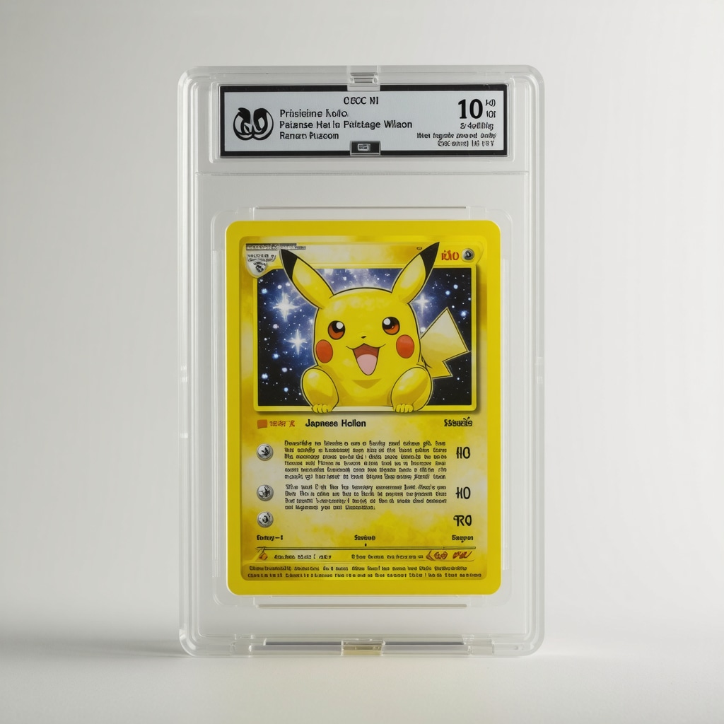 Pristine CGC 10 Japanese vintage holo rare Pokémon card safely encased in UV-protected acrylic display case under museum lighting