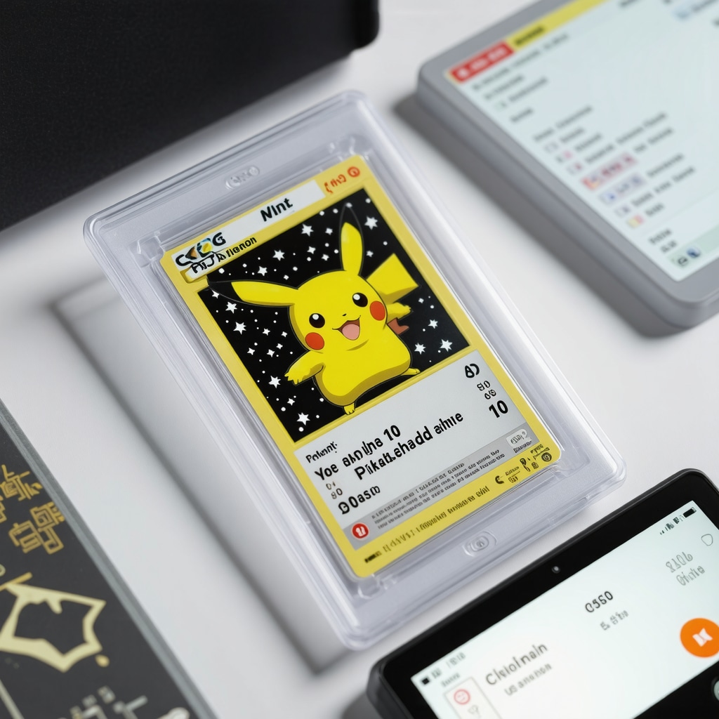 CGC Gem Mint 10 Japanese Pikachu card in UV-protected case with archival materials and blockchain data on a tablet