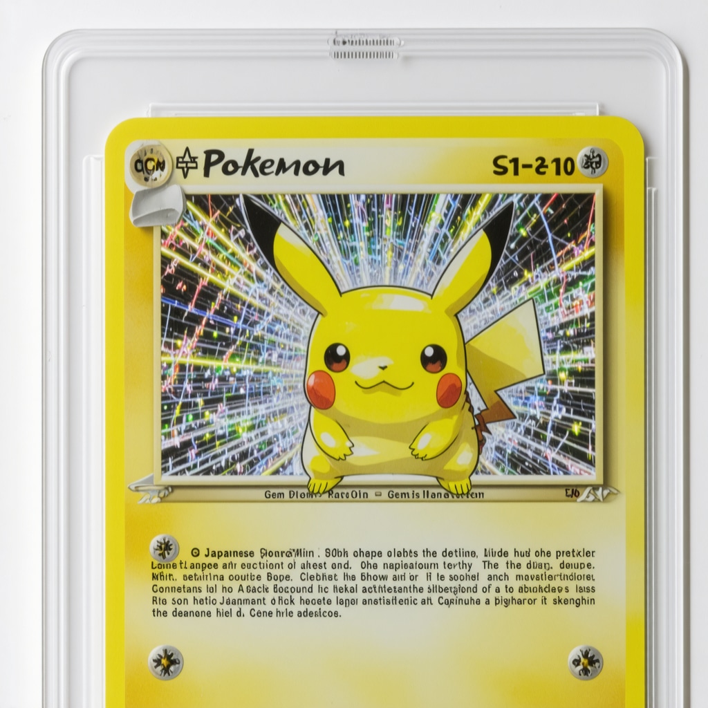 Close-up of CGC Gem Mint 10 Japanese Pokémon card highlighting subtle variant and overlay of auction market data analytics
