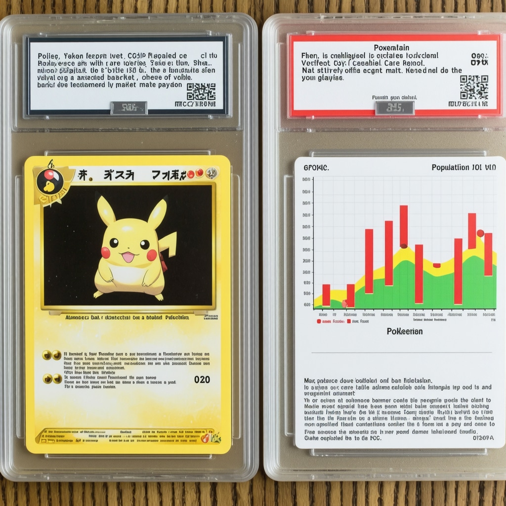 Close-up of a CGC graded Japanese Pokémon card showing digital blockchain verification and population report charts