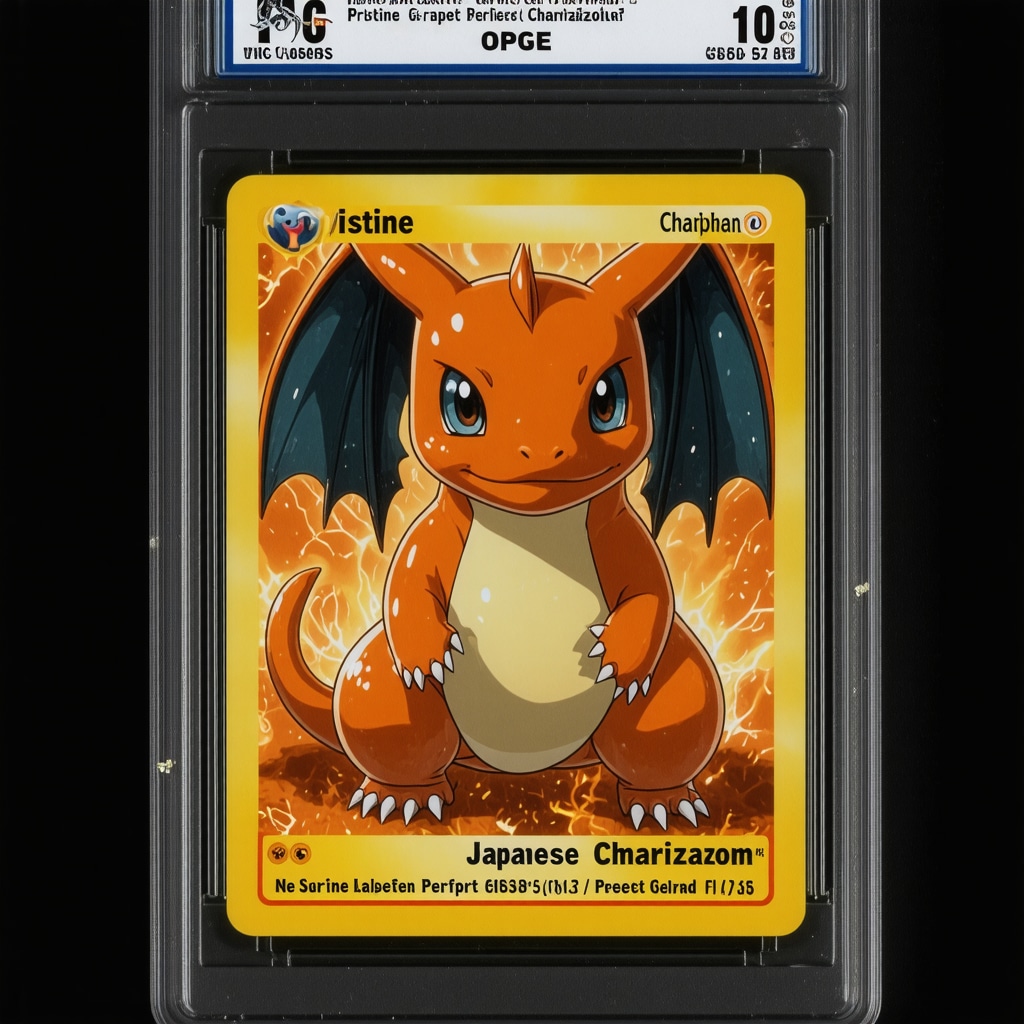Close-up image of a CGC Pristine 10 Japanese Charizard Pokémon card highlighting surface gloss and texture