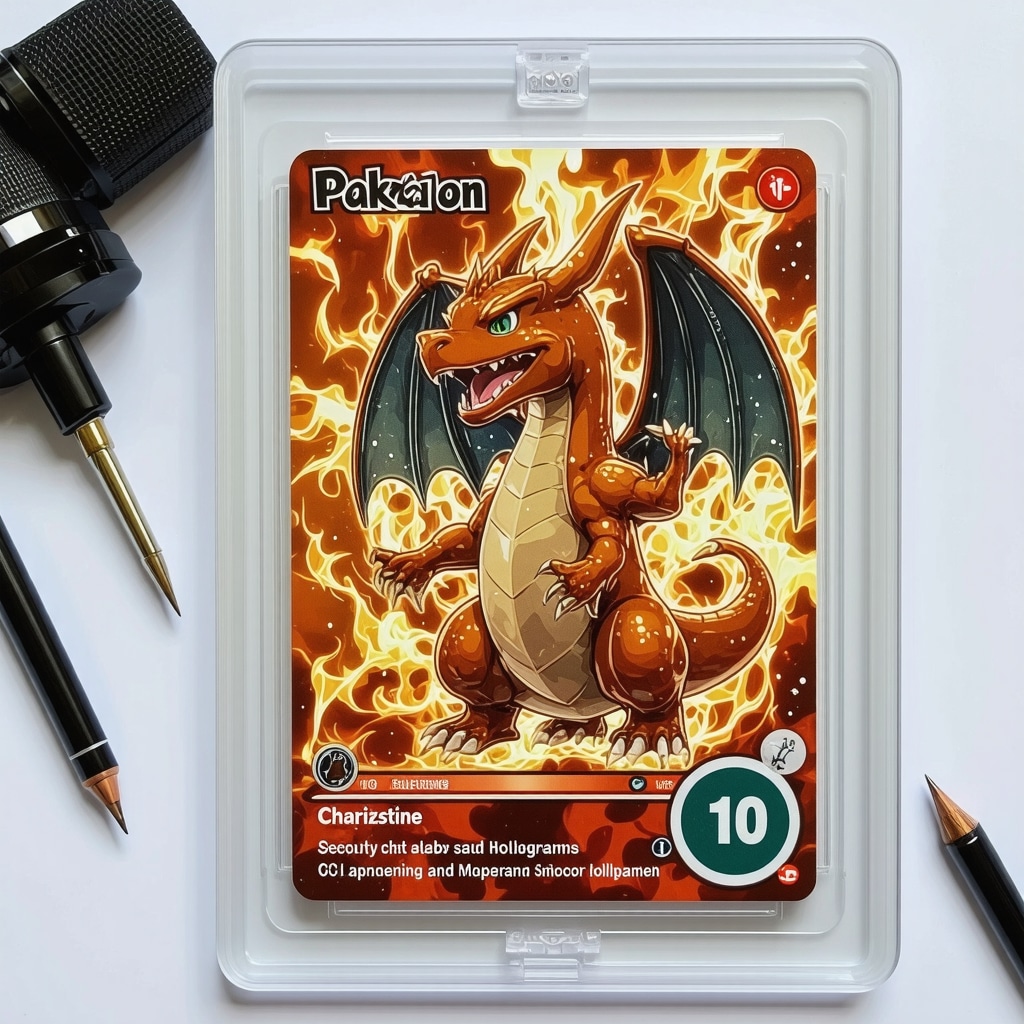 Close-up image showing CGC slab security holograms and microprinting under UV light for a Japanese Charizard card